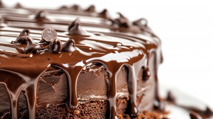Luxurious chocolate pouring from the top of a cake, thick streams dripping down the sides, isolated against a pristine white background, capturing the rich texture and glossy sheen