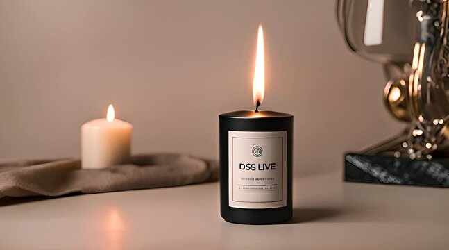 Realistic 3D vector mockup of a scented candle in a glass jar in an open packaging box, front view. The design offers an ideal template for advertising aromatherapy products