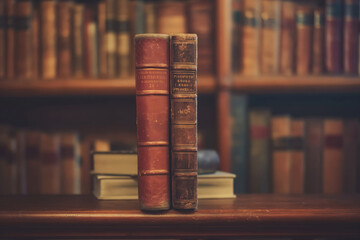 Two antique leather-bound books stacked on a wooden shelf with a blurred background of bookshelves filled with more books