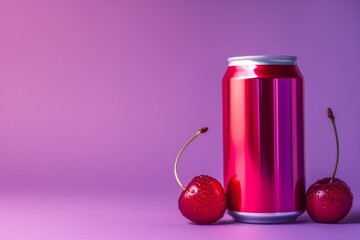 Vibrant image showcasing a glossy can of cherry cola next to fresh cherries on a striking purple backdrop with copy space
