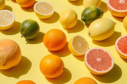 Vivid display of fresh citrus fruits with contrasting shadows, arranged on a sunny yellow background, showcasing summer freshness