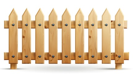 A seamless wooden picket fence with metal bolts, featuring a realistic and detailed texture, isolated on a white background