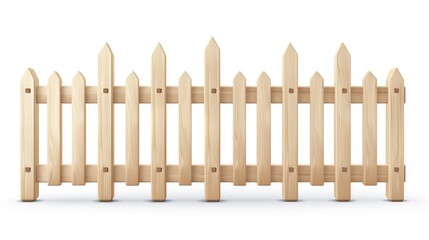 A smooth wooden fence segment with pointed tips isolated on a white background, conveying security and boundary