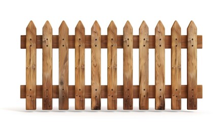 A section of a classic wooden picket fence stands isolated against a white background, demonstrating simplicity and boundary