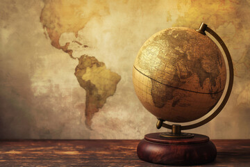 Antique style globe on a wooden base set against a detailed map backdrop evokes the theme of exploration and global connections