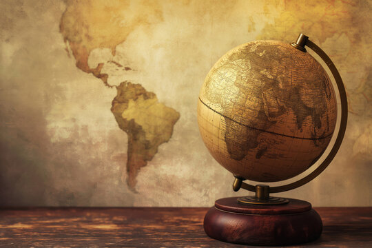 Antique style globe on a wooden base set against a detailed map backdrop evokes the theme of exploration and global connections