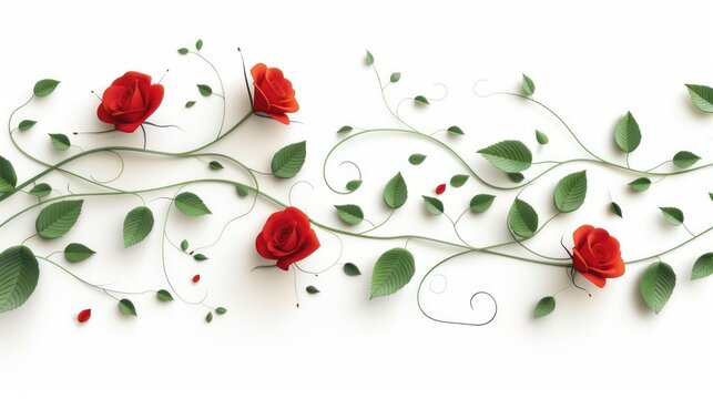 An artistic representation of three red roses with green leaves and tendrils spread across a white background