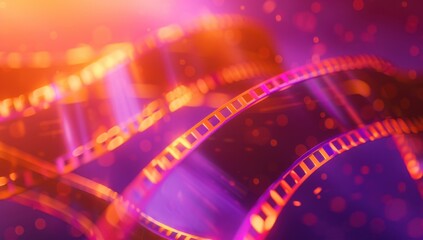 A film strip with purple and orange colors, blurred background In the foreground there's an abstract representation of movie strips Generative AI