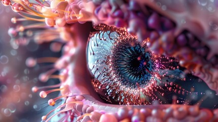 The image is a close-up of an eye. The eye is surrounded by a mass of colorful, fleshy tentacles. The eye is looking at the viewer with its pupil dilated.