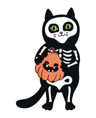 Cute hand drawn cat in skeleton costume holding a smiling pumpkin. Vector illustration