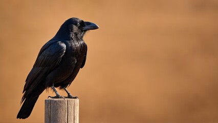 Obraz premium Black crow perched on wooden pole
