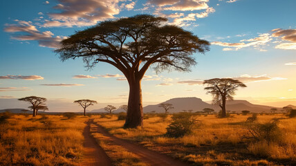 Obraz premium Savannah sunset acacia tree, AI Generative.