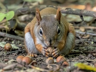 Obraz premium A close-up of a grey squirrel on the forest floor, intently eating a nut. The image captures the detailed fur and focused behaviour of this woodland creature in its natural habitat.