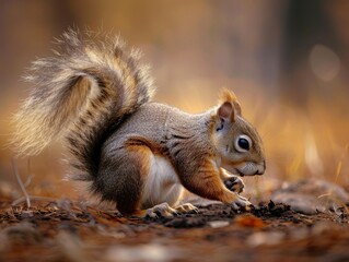 Obraz premium A squirrel foraging on the forest floor in an autumn setting, illuminated by warm, golden light. The image highlights the natural beauty of wildlife in the golden hues of fall.
