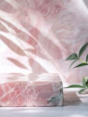 light pink marble stone podium stand for cosmetics and product display on abstract pastel background with flowers and green leaves