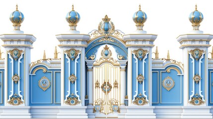 Obraz premium Exquisite blue and golden gates of a palace with ornate decorations and luxurious design elements, isolated on a white background