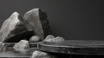 dark grey flat marble stone podium stand for cosmetics and product display on abstract grey stone background