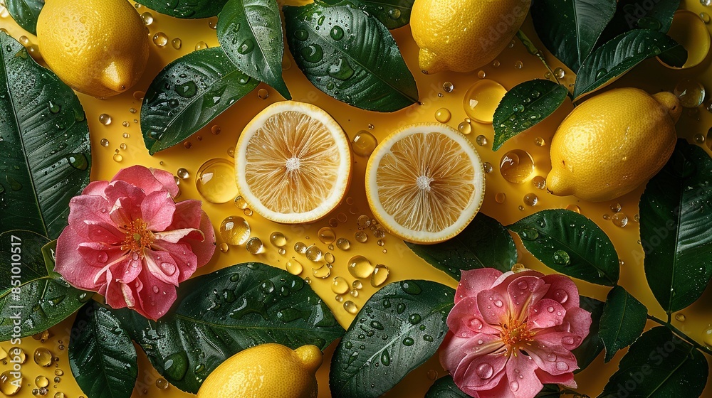 Wall mural   A pair of lemons resting atop a table, surrounded by leaves and flowers adorned with droplets of water