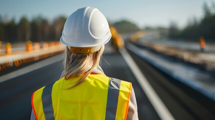 Obraz premium Woman civil engineer overseeing construction, white hard hat and vest, road crews working, motorway under development, clear blue sky, back view