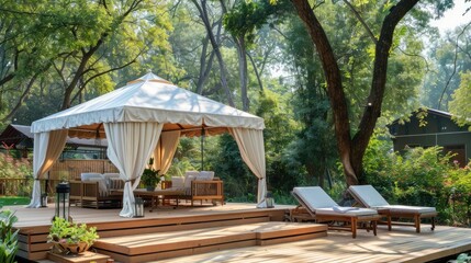 a peekaboo white gazebo with a roof and wooden platform on the beach, surrounded by lounge chairs and canopies, perfect for relaxation.