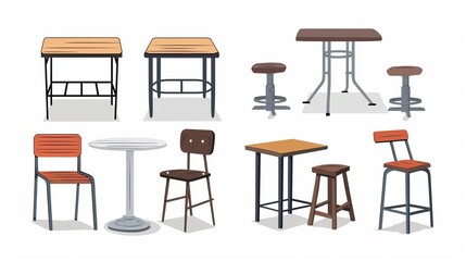 cartoon table. Glass, metal, and wooden furniture for cafes and home décor. A vector illustration set of metal tables for dining rooms, kitchens, and coffee tables, as well as restaurant furnishings