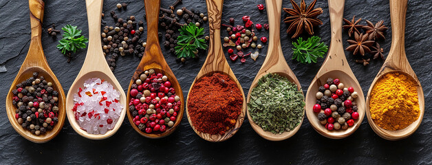 wide horizontal background image of spices in spoons, flat lay photo of different spices filled spoons on black background 