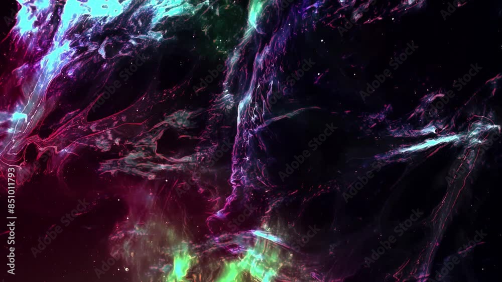 Wall mural abstract space glow flight 4k loop features abstract red, yellow, purple, and blue liquid like parti