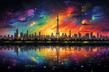 Fototapeta premium an illustration of an urban landscape at night, a megalopolis reflected in the water, a starry sky with radiance, silhouettes of skyscrapers and a tower