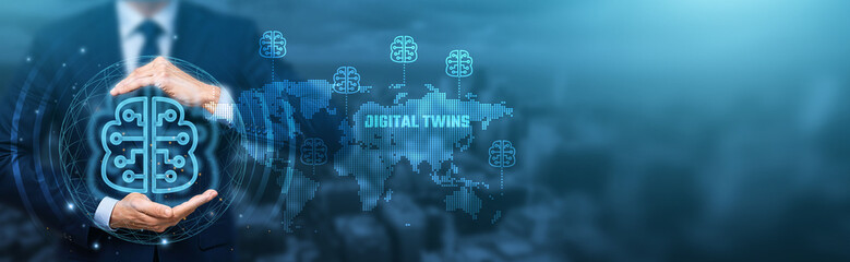 Hand Holding global network connection on Digital Twins technology and futuristic landscapes.