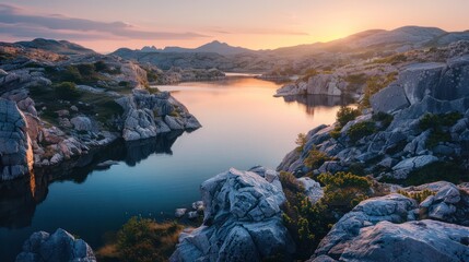Serene sunset over a still lake surrounded by rugged rocks creating a picturesque landscape scene in the wilderness
