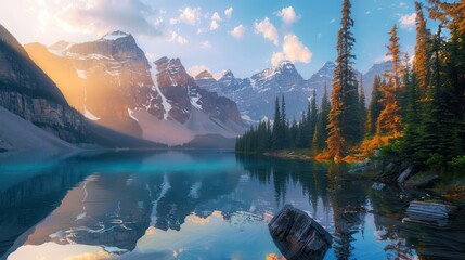 A breathtaking view of a serene mountain lake surrounded by towering peaks and lush evergreen forests bathed in the warm light of the golden hour - Powered by Adobe