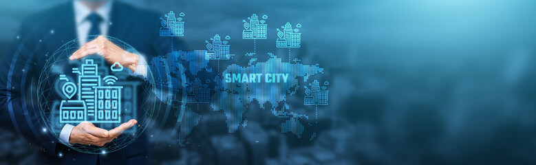 Hand holding global network connection on infrastructure, communication, transportation, energy, healthcare, technology, and futuristic innovations - Smart City concept.