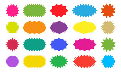 Badge stars, stickers starburst shape, sale price tags, colorful sun, circle and oval label, round discount icon isolated on white background.  Vector illustration.