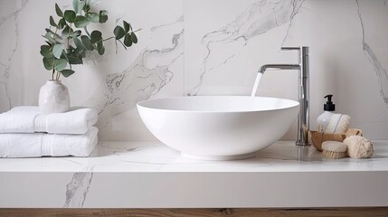 Fototapeta premium a modern washbasin, potted plant, and stacked towels on a white marble countertop, complemented by a wooden rack on the adjacent wall.