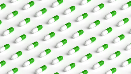 Many white green capsules on white background, tablet grid. Drug, tablet, pills top flat view. 3d render illustration
