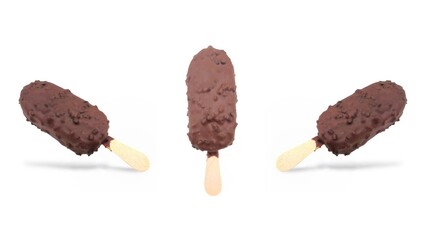 Photo of three delicious chocolate-covered ice creams on a stick, isolated on white background.