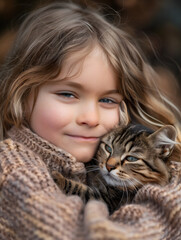 Retrato de una ni&ntilde;a abrazando un gato