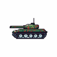 Pixel art depiction of a green camouflage tank with a large cannon and detailed treads against a plain background.