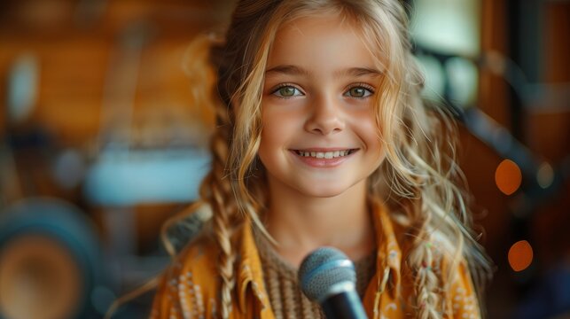 A young girl smiles brightly as she sings into a microphone, her blonde hair cascading around her shoulders.