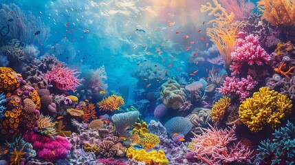Naklejka premium Underwater coral reef, colorful marine life, vibrant and detailed, photo realism