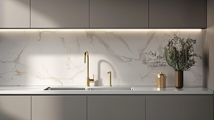 a modern kitchen interior featuring gray cabinets, white marble tiles, and a brass faucet over the sink on the countertop, embodying a stylish home decor concept.