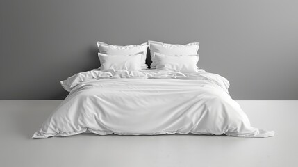 Mockup of an empty set of bedding items. Front view of bed linens. A white bed with a path for cutting. An empty room with pillows, a duvet, and a bed sheet against a grey wall.