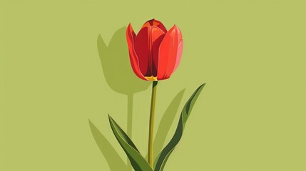   Single red tulip on green background, with shadow on right side