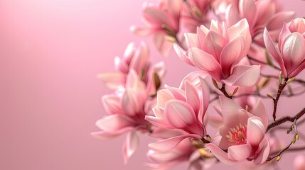 Obraz premium magnolia flowers on a pink background, copy space for text, banner design, detailed and intricate with small details, in the style of different artists.