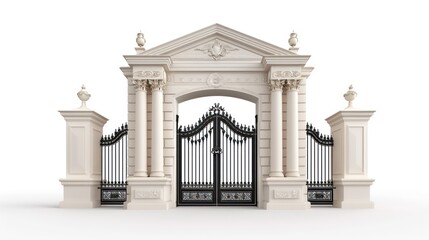 Fototapeta premium This image showcases a grand entrance with intricate classical architectural design and ornate metal gates on a plain background