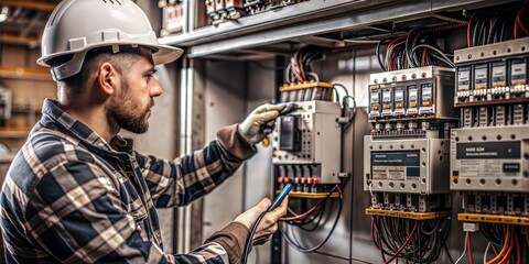 Electrician inspecting and troubleshooting electrical panel in industrial setting