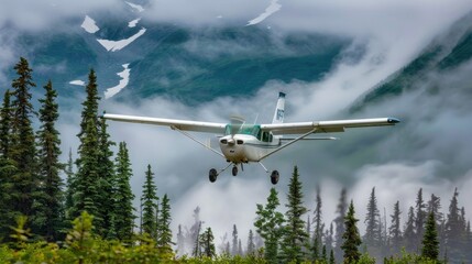 Small single engine plane flying over the forest, green trees, misty mountains in the background.