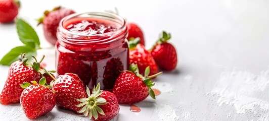 Jar of strawberry jam on a white background. Homemade strawberry marmalade and fruit. banner. 