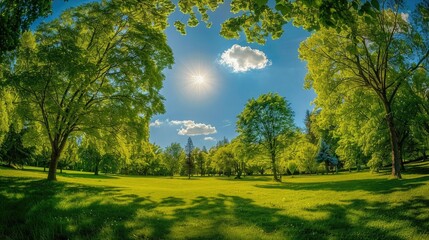 Naklejka premium Looking up at the blue sky through the tall green grass, uses a naturalistic palette of materials with soft and dreamy imagery in the style of a master of sunlight against dramatic backdrops.