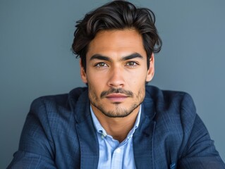 Obraz premium Young Asian Man with Goatee, Dressed in Navy Blue Blazer